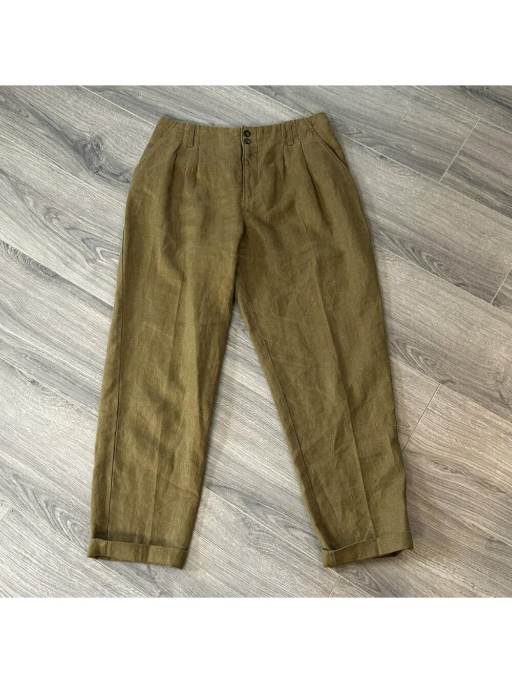 Garnet Hill Pants Womens 8 Green Linen Cropped Pleated Cuffed Relaxed Casual